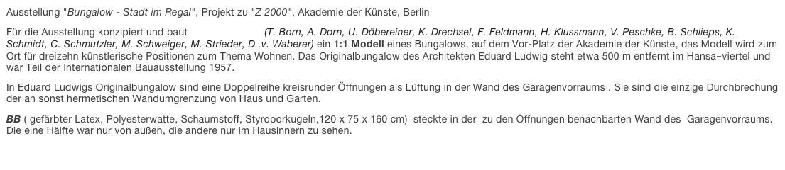 Ausstellung "Bungalow - Stadt im Regal", Projekt zu "Z 2000", Akademie der Künste, Berlin 
Für die Ausstellung konzipiert und baut Stadt im Regal  (T. Born, A. Dorn, U. Döbereiner, K. Drechsel, F. Feldmann, H. Klussmann, V. Peschke, B. Schlieps, K. Schmidt, C. Schmutzler, M. Schweiger, M. Strieder, D .v. Waberer) ein 1:1 Modell eines Bungalows, auf dem Vor-Platz der Akademie der Künste, das Modell wird zum Ort für dreizehn künstlerische Positionen zum Thema Wohnen. Das Originalbungalow des Architekten Eduard Ludwig steht etwa 500 m entfernt im Hansa­viertel und war Teil der Internationalen Bauausstellung 1957.
In Eduard Ludwigs Originalbungalow sind eine Doppelreihe kreisrunder Öffnungen als Lüftung in der Wand des Garagenvorraums . Sie sind die einzige Durchbrechung der an sonst hermetischen Wandumgrenzung von Haus und Garten. 
BB ( gefärbter Latex, Polyesterwatte, Schaumstoff, Styroporkugeln,120 x 75 x 160 cm)  steckte in der  zu den Öffnungen benachbarten Wand des  Garagenvorraums. Die eine Hälfte war nur von außen, die andere nur im Hausinnern zu sehen. 